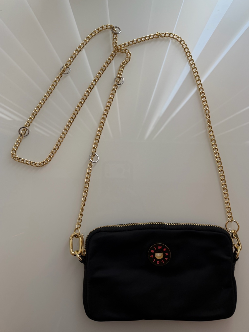 Bimba y Lola Black Mini Nylon Shoulder Crossbody Bag with Gold Chain